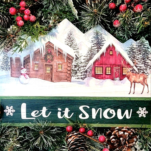 Winter Cabin Deer Wreath Let It Snow Pine Berries Winter - Picture 2 of 5